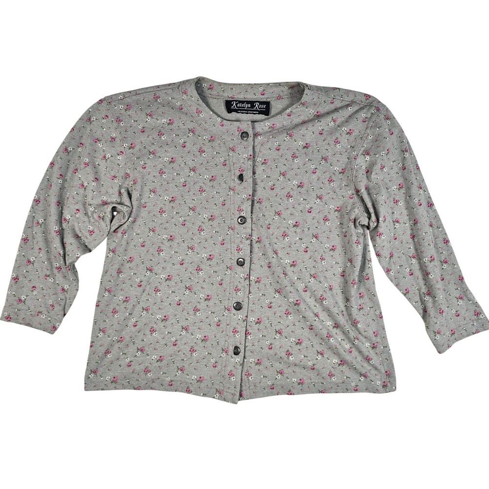 Katelyn Rose Floral Button Front Cardigan Top Grey Pink 3/4 Sleeve XL